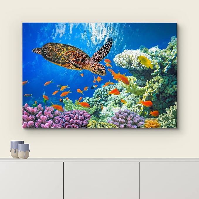 wall26 Canvas Print Wall Art Vibrant Neon Underwater Turtle, Reef & Fish Nature Animals Photography Realism Rustic Scenic Landscape Wilderness Colorful for Living Room, Bedroom, Office - 12"x18"