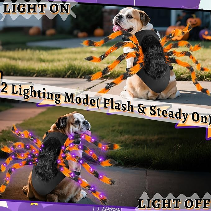 Camlinbo 24 LED Spider Dog Halloween Costume for Small Medium Large Dogs, Furry Spider with LED Lights Puppy Pet Costume Outfits Clothes Funny Halloween Costume Party Cosplay