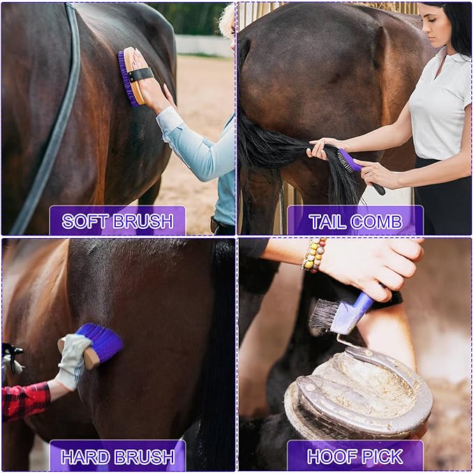 Horse Grooming Kit - 11 Piece Bathing Supplies with Organize Bag, Full Body Kit Including Sweat Scraper, Bath Sponge, Hoof Pick, Massage Comb (Purple)