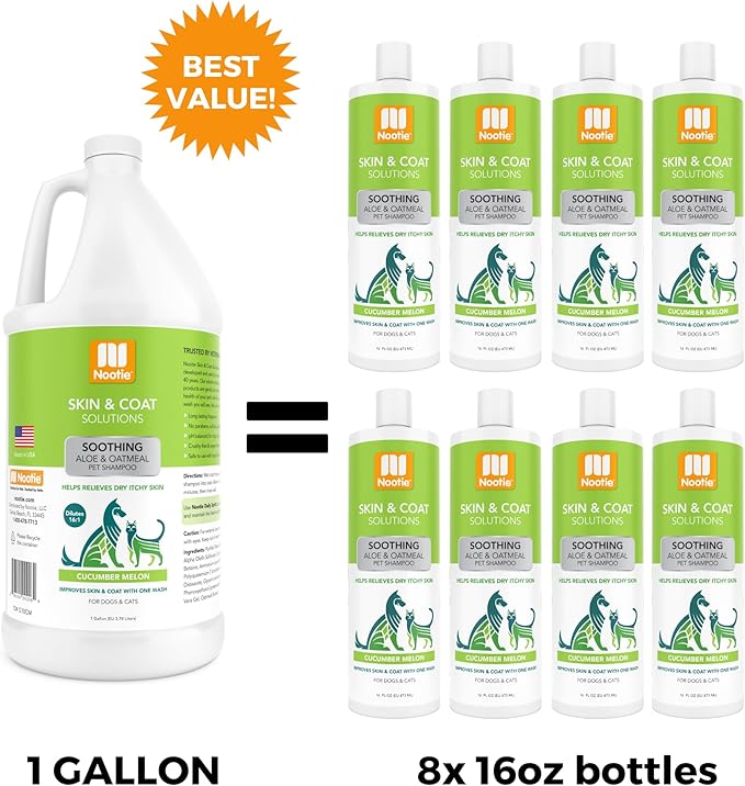 Nootie Aloe&Oatmeal Pet Shampoo for Sensitive Skin-Long lasting Cucumber Melon Shampoo-Helps Relieve Dry Itchy Skin for Dogs&Cat-Natural Ingredient-Soap Paraben&Sulfate Free-Cleans Conditions-1 Gallon