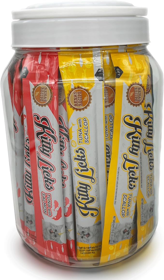 Rena's Recipe Kitty Licks Tuna Barrel (60 Tubes) 4 flavorsX 15 Tubes Cream Lickable Cat Treats 4 Different Flavors: Tuna with Seafood, Scallop, and Salmon