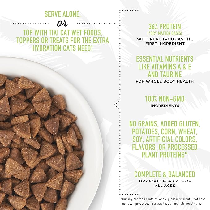 Tiki Cat Born Carnivore Indoor Health, Trout & Menhaden Fish Meal, Grain-Free Baked Kibble to Maximize Nutrients, Dry Cat Food, 6 Lbs. Bag