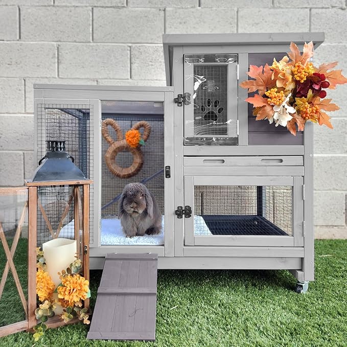 2-Story Rabbit Hutch Indoor Bunny Cage Outdoor Guinea Pig House with Wire Mesh Floor, Leak-Proof Trays, Lockable Wheels for Rabbits, Guinea Pigs, 40.6" L x 26" W x 37.6" H