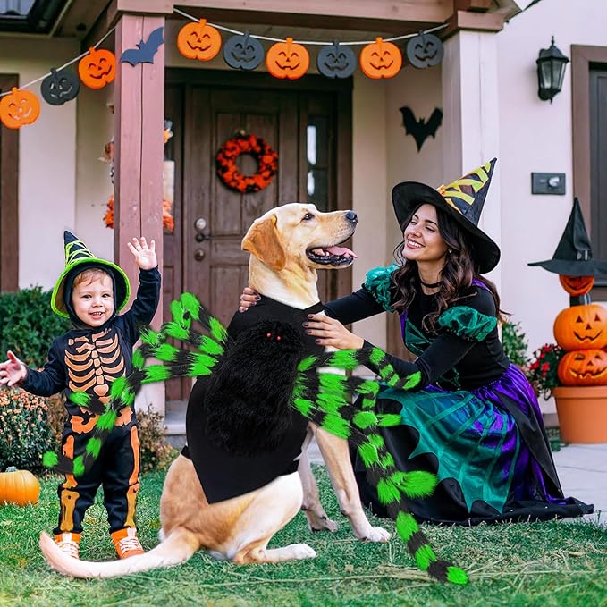 Dog Halloween Costume Large Breed, Furry Dog Spider Costume with 64 LED, Funny Halloween Dogs Costumes for Large Dogs Medium Pet Halloween Party Cosplay (Green)