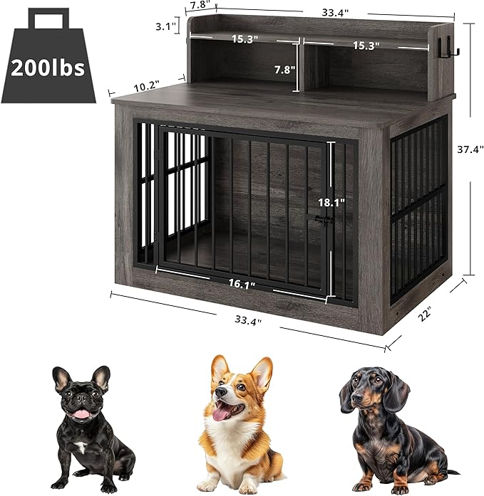 IRONCK Dog Crate Furniture, 33.4 inches Wooden Small Dog Crate with Storage and 4 Hooks, Heavy Duty Pet Crate for Small Dog, Decorative Pet Cage for Indoor (22" L x 33.4" W x 37.4" H)