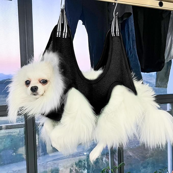 Pet Grooming Hammock for Cats & Dogs, Breathable Mesh Dog Hanging Harness for Nail Trimming, Grooming, Bathing Includes S Hooks, Comfortable Dog Grooming Harness (Black)