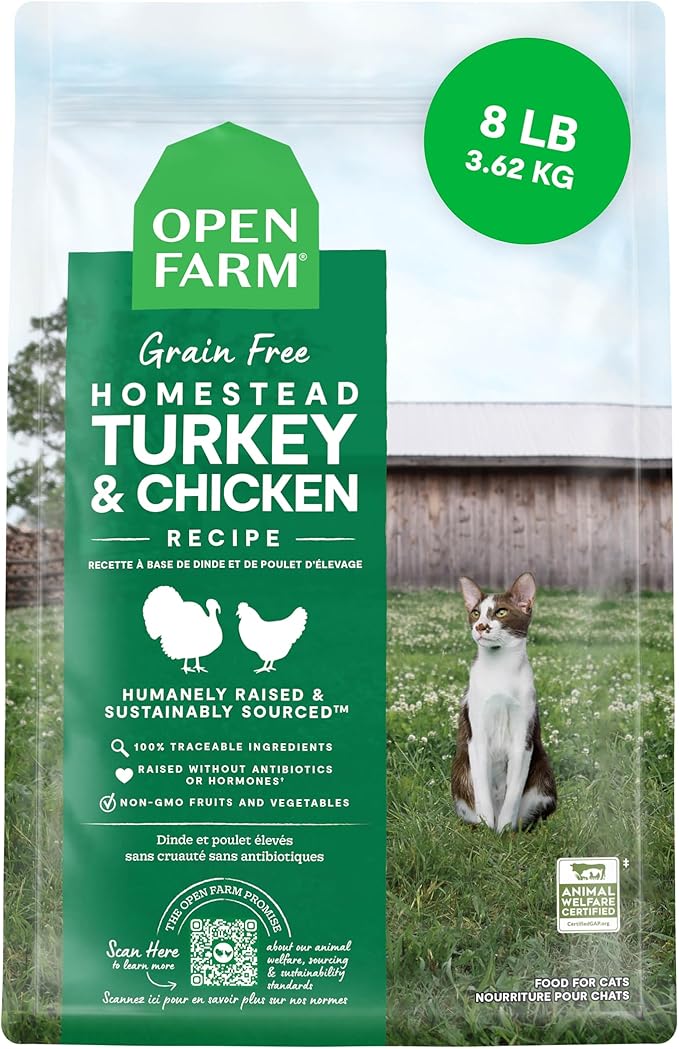 Open Farm, Grain Free Dry Cat Food, High-Protein Kibble for a Complete & Balanced Diet, Non-GMO Fruits & Vegetables, Prebiotic Fibers to Support Digestion, Homestead Turkey & Chicken Recipe, 8lb Bag