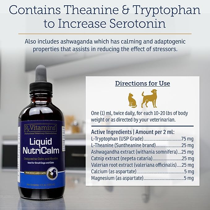 Rx Vitamins Liquid NutriCalm Cat & Small Dog Anxiety Relief - Sleep Aid - Calming Supplement - Dog Bark Control & Stress Relief - Salmon Flavor - 4 oz