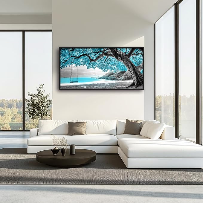 Extra Large Framed Abstract Tree Wall Art,Black and White Tree of Life Wall Decor,Blue Teal Sea Pictures for Living Room,Canvas Print Painting Modern Artwork Bedroom Office Bathroom 60L x 30W