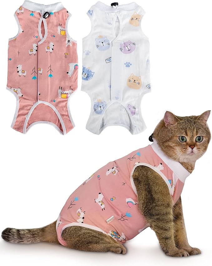 ANWA 2 Pack Cat Recovery Suit - Breathable Cat Onesie for Cats After Surgery Female, Kitten Surgery Recovery Suit Female Abdominal Wounds