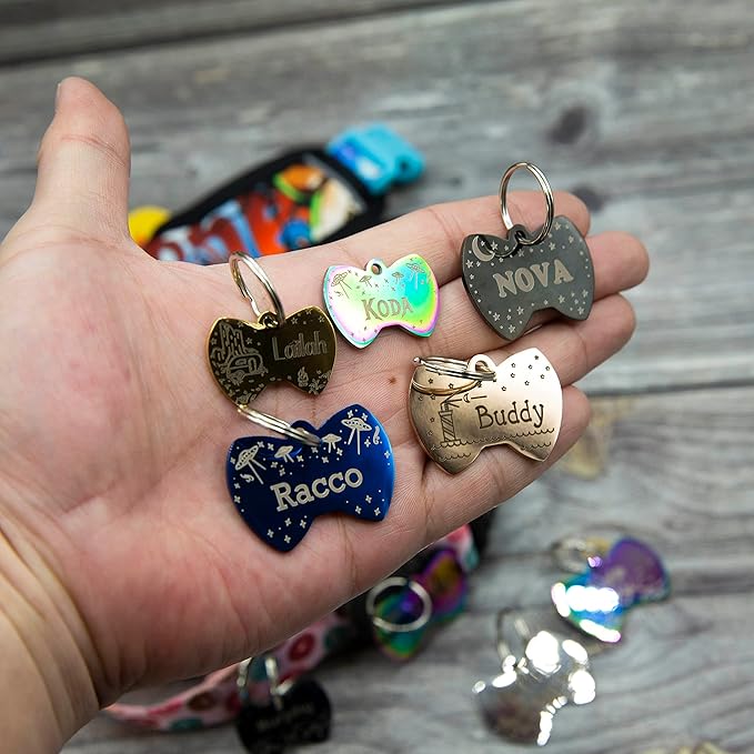 Personalized Dog Tag with 5 Lines of Custom Deep Engraved Durable Stainless Steel Pet ID Name Tag Designer Regular Size Bow Tie
