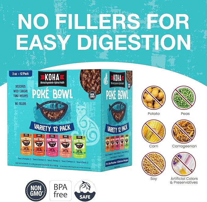 KOHA Poké Bowl Cat Variety Pack, Wet Cat Food in Gravy - 7 Flavors - Tuna Combinations of Salmon, Chicken, Lamb, Duck, Shrimp, and More - 3 oz Pouches, Pack of 12