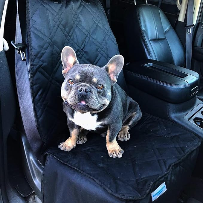 Bulldogology Front Car Seat Covers for Dogs - Heavy Duty Dog Seat Cover for Cars, Trucks, Vans, and SUVs - 100% Waterproof Front Seat Dog Cover - Passenger Dog Car Seat Cover for Front Seat (Black)