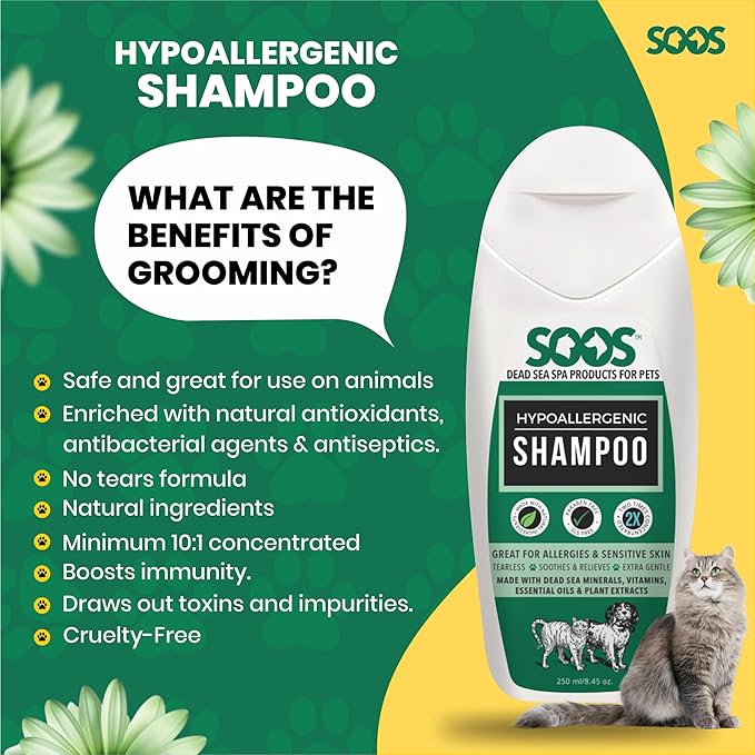 Soos Pet Shampoo Hypoaller-genic Cat and Dog Shampoo Natural Dead Sea Minerals Fast Absorbing Soothes Skin Irritation with Vitamins Essential Oils - 1 Pack (250ml)