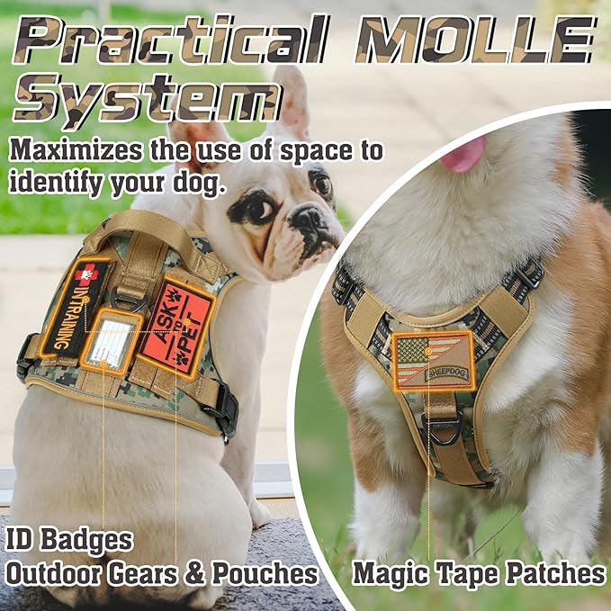 rabbitgoo Tactical Dog Harness Medium Sized Dog, No Pull Military Service Vest with Handle & Molle, Easy Control for Training Walking, Adjustable Reflective Straps, Brown camo, M