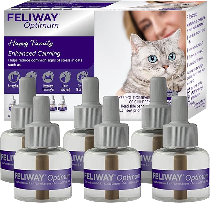 FELIWAY Optimum 6 x 30 Day Cat Calming Refills for Pheromone Diffuser, 6 x 48ml Value Pack - Helps Reduce Common Signs of Stress in Cats & Kittens, Enhanced Calming