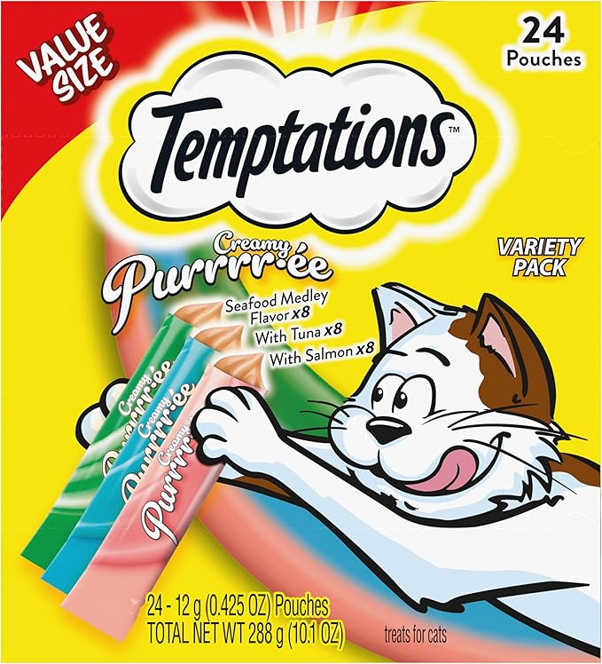 Temptations Creamy Puree Mix-Ups Squeezable Lickable Wet Cat Treats, Tuna Flavor, Salmon Flavor, and Seafood Medley Flavor, 0.42 oz. Tubes, 24 Count