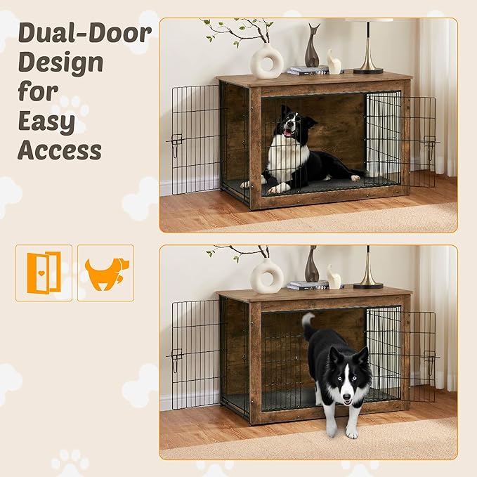 Dog Kennel Furniture, Wooden Dog Crate End Table with Dual Doors, Chew-Proof Design & Cushion, Heavy Duty Dog Crate, Decorative Pet Crate Dog Cage for Indoor (39 Inch)