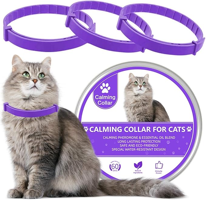 Wustentre 3 Pack Adjustable Anxiety Collar - Cat Calming Pheromones for Cats & Kittens, Stress Reliever - Relaxing Comfortable Collar (Violet)