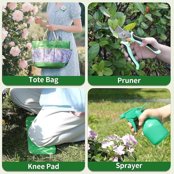 Garden Tool Set,10 Piece Garden Kit,Heavy Duty Stainless Steel Gardening Hand Tools with Durable Storage Tote,Rust-Proof Garden Tools,Gardening Gifts for Women Men Pink Floral Pattern Design