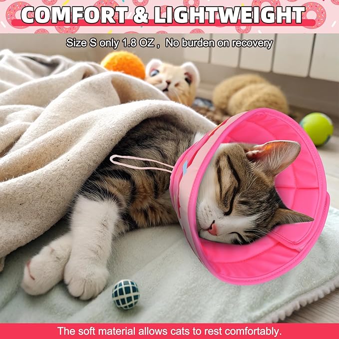 KOOLTAIL Cat Cone Collar Soft, Cat Recovery Collar After Surgery, Adjustable Comfortable Lightweight Cat Neck Cone to Stop Licking, Foldable Donut Water Resistant Pet Cone for Small Large Kitten PinkM