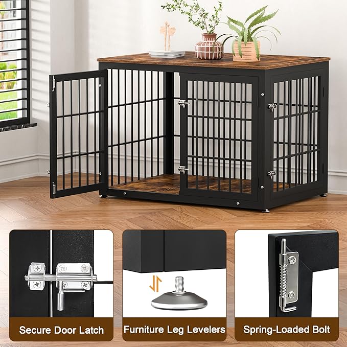 42 Inch Heavy Duty Dog Crate Furniture for Large and Medium Dogs, Decorative Pet House End Table, Wooden Cage Kennel Furniture Indoor, Rustic Brown