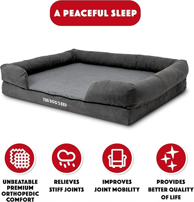 The Dog’s Bed, XL Grey Plush 43.5x34,Solid Memory Foam, Pain Relief: Arthritis, Hip & Elbow Dysplasia, Post Surgery, Lameness, Supportive, Calming, Waterproof Washable Cover, Veterinary Approved