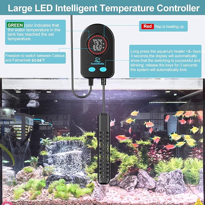 Submersible Aquarium Heater 100W/200W/300W/500W, Fish Tank Heater with high-Temperature Protection and Turtle Tank Heater with Automatic Power-Off When Leaving seawater or Freshwater.