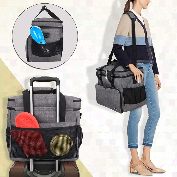 Teamoy Double Layer Dog Travel Bag, Dog Bag for Supplies with 2 Silicone Collapsible Bowls, 2 Food Carriers, 1 Water-Resistant Placemat, Pet Supplies Weekend Tote Organizer (Large, Gray)