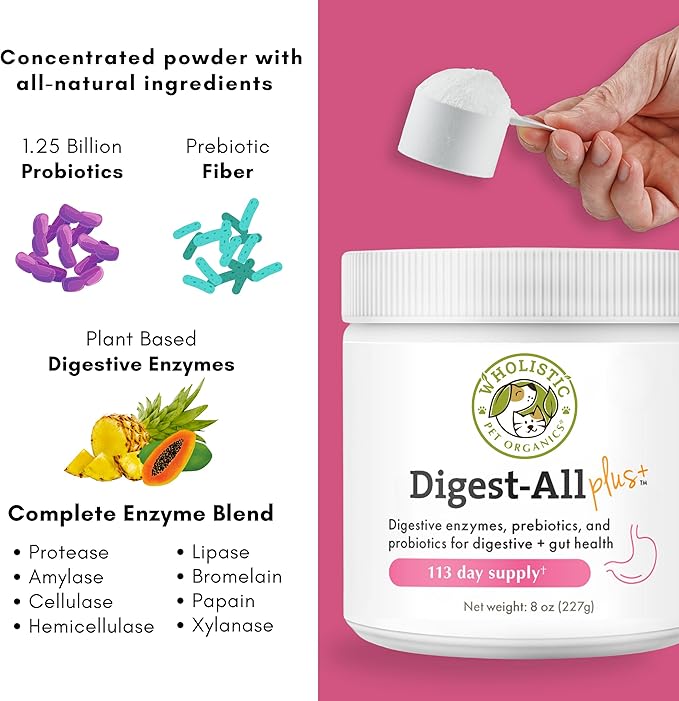 Wholistic Pet Organics Probiotics for Dogs with Digestive Enzymes & Prebiotic Fiber - 8 Oz - Daily Cat & Dog Probiotics for Digestive Health, Anti Diarrhea & Gut Support - Natural Powder Supplement