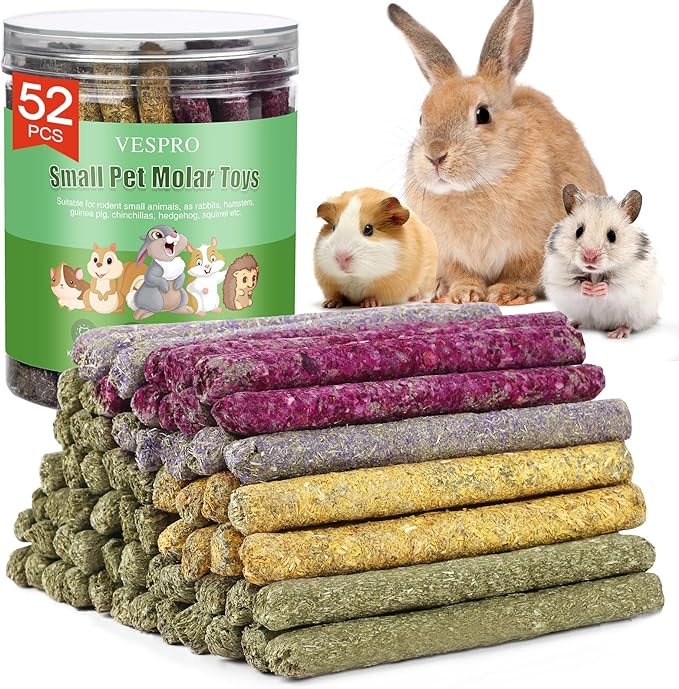 52Pcs Rabbit Chew Sticks, Guinea Pig Toys, Natural Timothy Grass Molar Teeth Stick, Mixing Flowers, Roses, Calendula and Forget Me Not, Small Animals Treats
