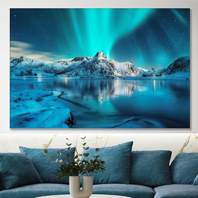 Nature Wall Art Prints - Ocean Forest Mountain Lake Canvas Landscapes - Small to Extra Large Living Room Bedroom Kitchen Bathroom Décor (Northern Lights Over Lake, 35L" x 53W")