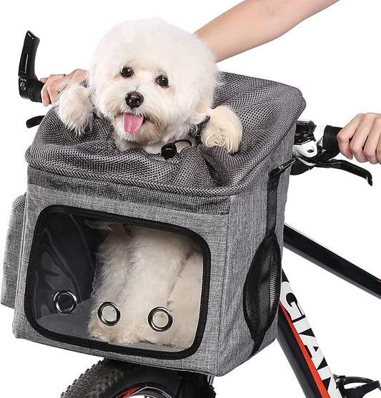 Ownpets Dog Bike Basket Foldable Pet Carrier, Dog Car Booster Seat with Mesh Windows, Adjustable Shoulder Bag Portable Breathable Bicycle Basket Bag for Dogs and Cats