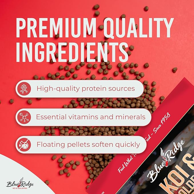 Blue Ridge Koi Fish Food 5lb - Koi Food 3/16” Large and Mini Blend Growth Formula, Goldfish Food, Premium Fish Food for Ponds, Ponds Fish Food, Floating Pond Pellets