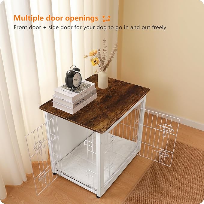 DWANTON Dog Crate Furniture with Cushion, Wooden Kennel Table with Double Doors, Indoor Dog House, Small/Medium/Large Size, 27.2" L, White+Rustic Brown