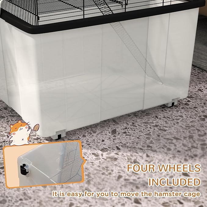 PawHut Hamster Cage, Gerbil Cage 2 Tier with Wheels, Deep Bottom, Ramp, Food Dish, Water Bottle, for Dwarf Hamster, Syrian Hamster, 57 x 43 x 57cm - Black