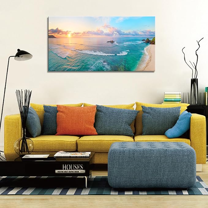 XXMWallArt FC3975 Tropical Beach Wall Art Blue Sea Sunset Natural Scenery Picture Print On Canvas Seascape Canvas Print Artwork for Living Room Bedroom Kitchen Home and Office Wall Decor