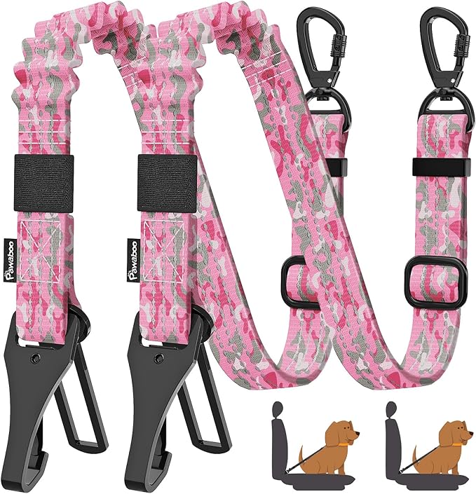 Pawaboo 2Pack Dog Seatbelt for Car, Dog Car Seat Belt Bungee, Dogs Tether for Cars with Buckle & Hook Latch, Adjustable Reflective Dogs Cars Harness Leash with 360° Lockable Buckle, Pink Camouflage