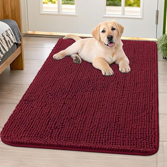 Smiry Dog Door Mat for Muddy Paws 40x32, Absorbs Moisture and Dirt Doormat, Non-Slip Washable Quick Dry Chenille Front Door Mat Indoor Entrance, Entryway Carpet for Inside Floor, Burgundy