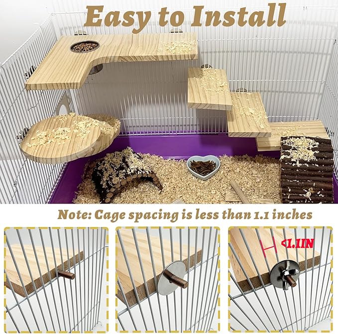8 Pcs Wooden Hamster Cage Platform Set Wood Juvenile Chinchilla Shelves, Squirrel L-Shape Corner Ledge with Hole Cooling Standing Board Rat Cage Accessories for Gerbil Small Animal Climbing