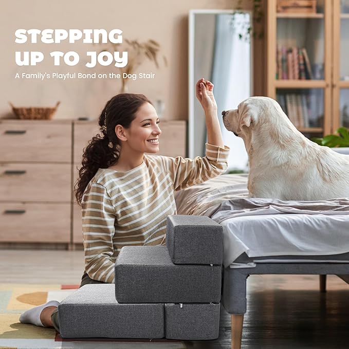 Foldable 18 Inch Wide 3 Step Wide Dog Stairs for Large Dogs, 18 Inch Height Foam Dog Steps for Bed & Couch, Linen Covered Pet Stairs for Dogs to Get on Bed, Outdoor Foam Pet Steps for for Cars & SUV