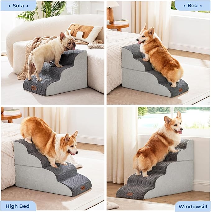 Dog Stairs Ramp for Bed 19.7" H - Pet Stairs for Small to Medium Dogs to Get on Bed and Couch, 35D Foam Dog Steps with Non-Slip Bottom Grey, 4 Steps