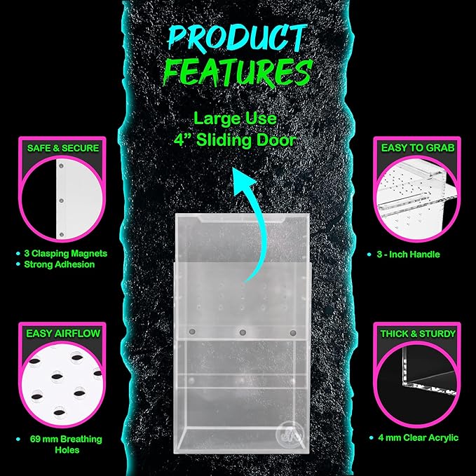 Jumping Spider Enclosure 5"x5"x7" or Tarantula Enclosure - Reptile Terrarium w/Sliding Magnetic Door - Great Reptile Tank & - Acrylic Aquarium Spider Box for Terrestrial or Arboreal Animals