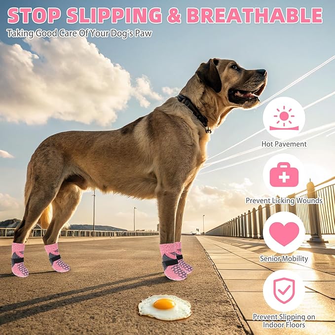 KOOLTAIL Dog Socks for Hot Pavement, Summer Breathable Dog Socks to Prevent Licking Paws, Non Slip Pet Boots & Paw Protectors for Hardwood Floor,Grippy Shoes for Small Medium Large Senior Dogs,Pink M