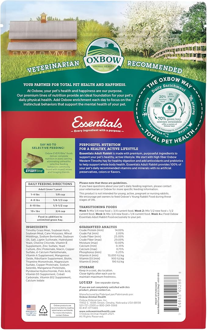 Oxbow Essentials Rabbit Food, Adult Rabbit, Made with Oxbow Timothy Hay, Pet Pellets with Vitamins & Minerals, Small Animal Pet Products, Bunny Supplies, Made in USA, Bunny Food, 5 lb