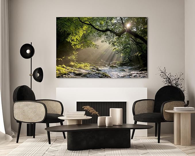 Nature Wall Art Prints - Ocean Forest Mountain Lake Canvas Landscapes - Small to Extra Large Living Room Bedroom Kitchen Bathroom Décor (Rocky River in the Woods, 24L" x 36W")
