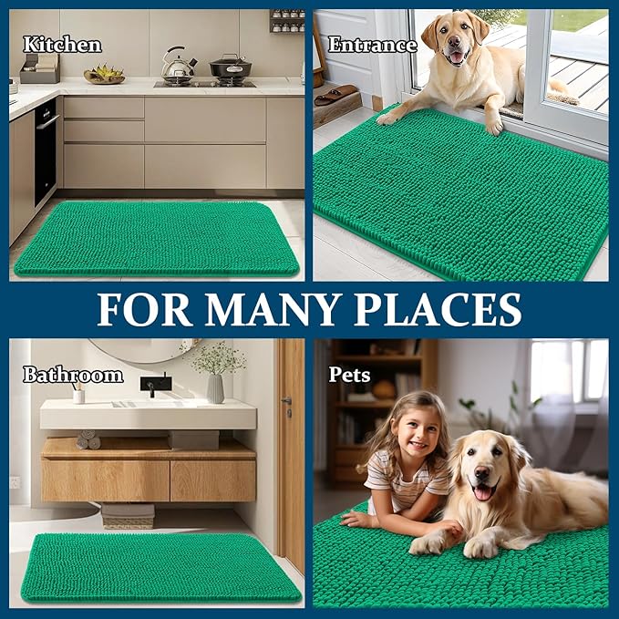 OLANLY Dog Door Mat for Muddy Paws 30x20, Absorbs Moisture and Dirt, Absorbent Non-Slip Washable Doormat, Quick Dry Chenille Mud Mat, Entry Indoor Entryway Carpet for Inside Floor, Emerald Green