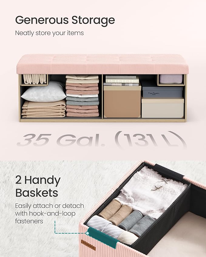 SONGMICS MAZIE Collection - Storage Ottoman Bench, Foldable Foot Rest, 15 x 43 x 15 Inches, End of Bed Bench, Storage Chest, Load 660 lb, Living Room, Bedroom, Entryway, Jelly Pink ULSF604R01
