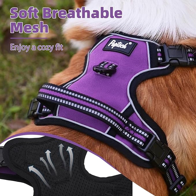 PUPTECK No Pull Dog Harness for Large, Adjustable Reflective Dog Harness with Handle Easy Control, Comfortable Soft Padded Pet Vest Harness for Extra Large Dogs, Solid Purple XL