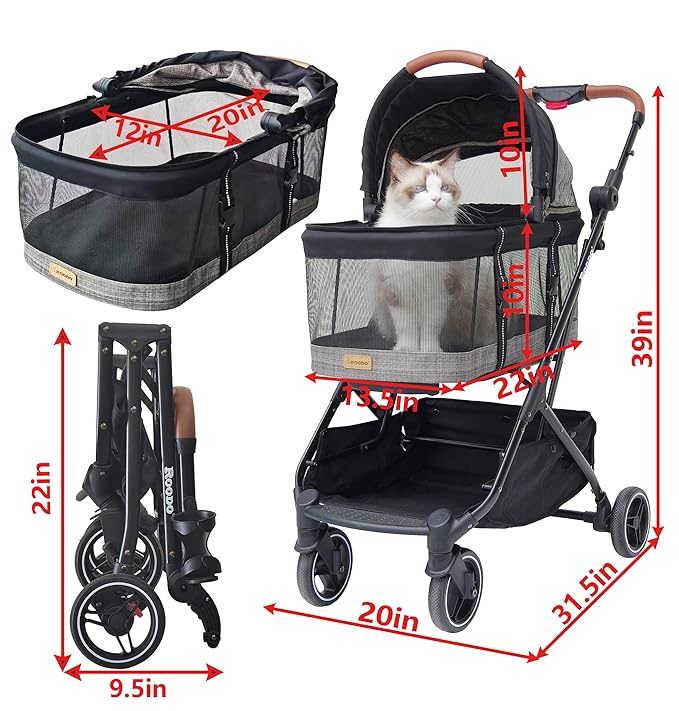 ROODO Fashion 3-in-1 Dog Cat Stroller with Detachable Carrier&Car Seat Combo Best Lightweight Folding Portable All-Terrain Travel Pet Gear Puppy Doggie Kitty Stroller for up to 30 lbs(Grey Lattice)